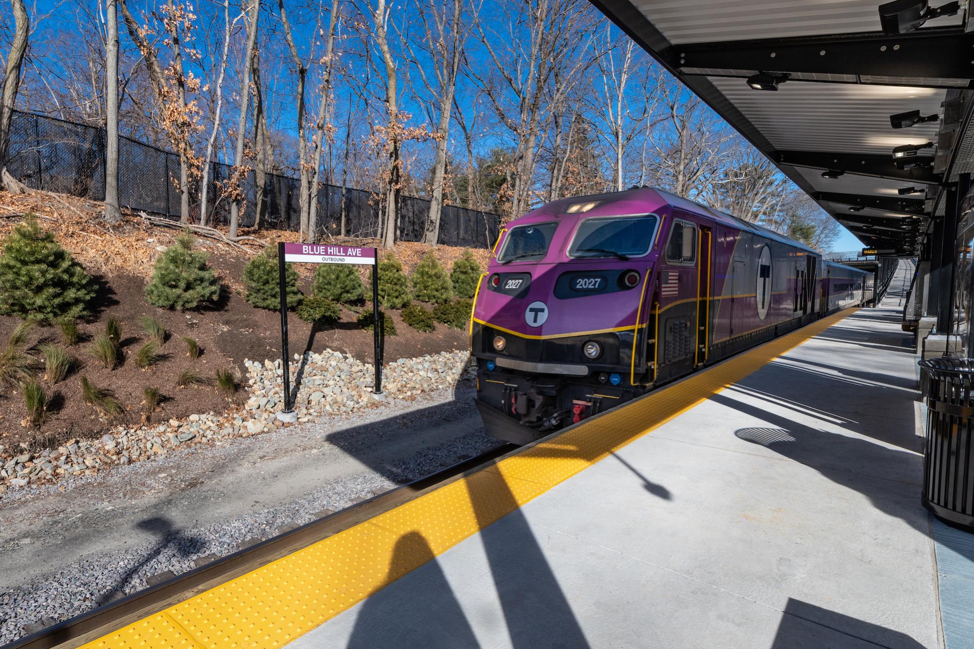 A Commuter Rail train pulls into the outbound platform at Blue Hill Avenue Station. (January 2019)