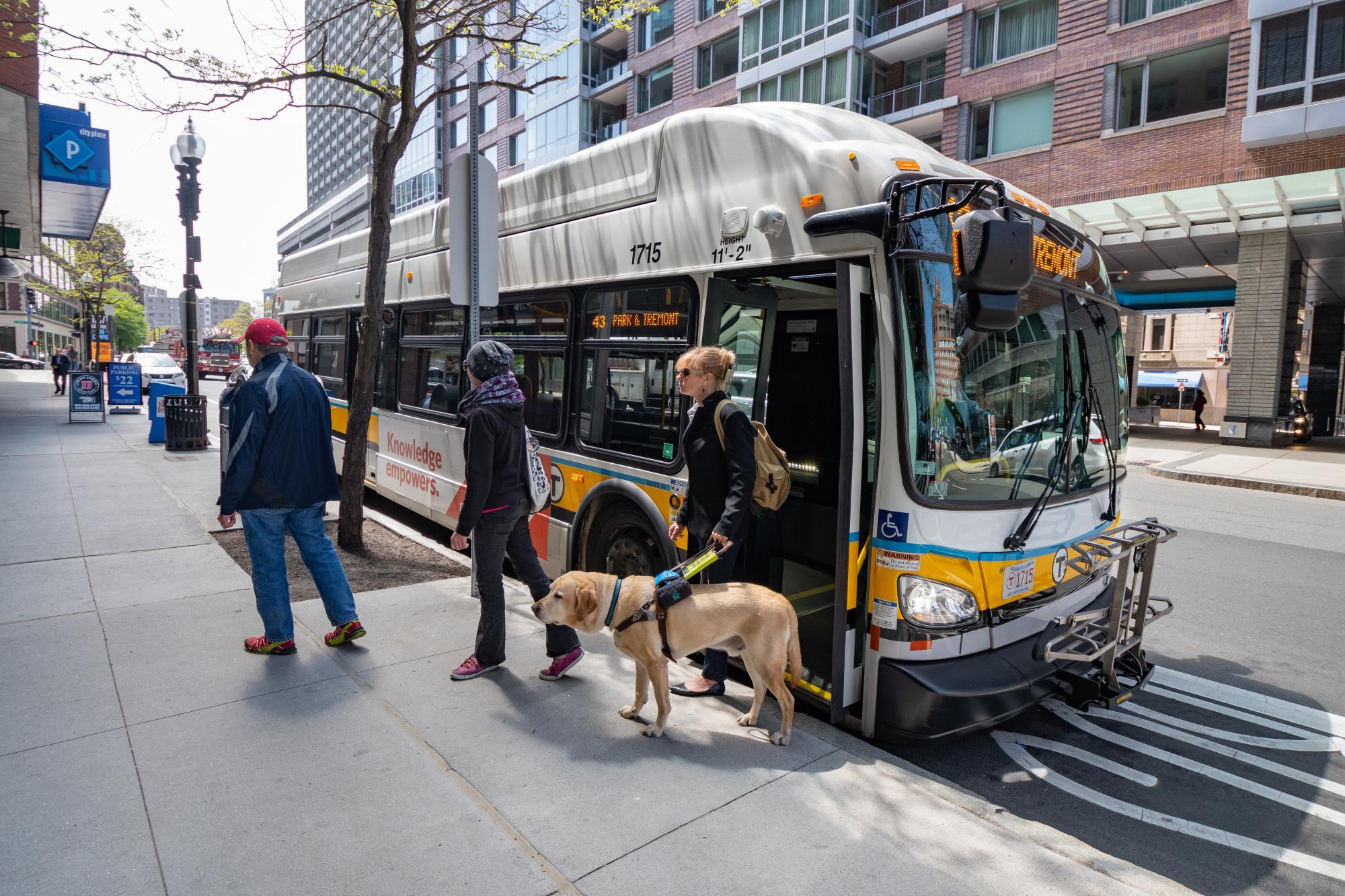 customer exiting bus with guide dog