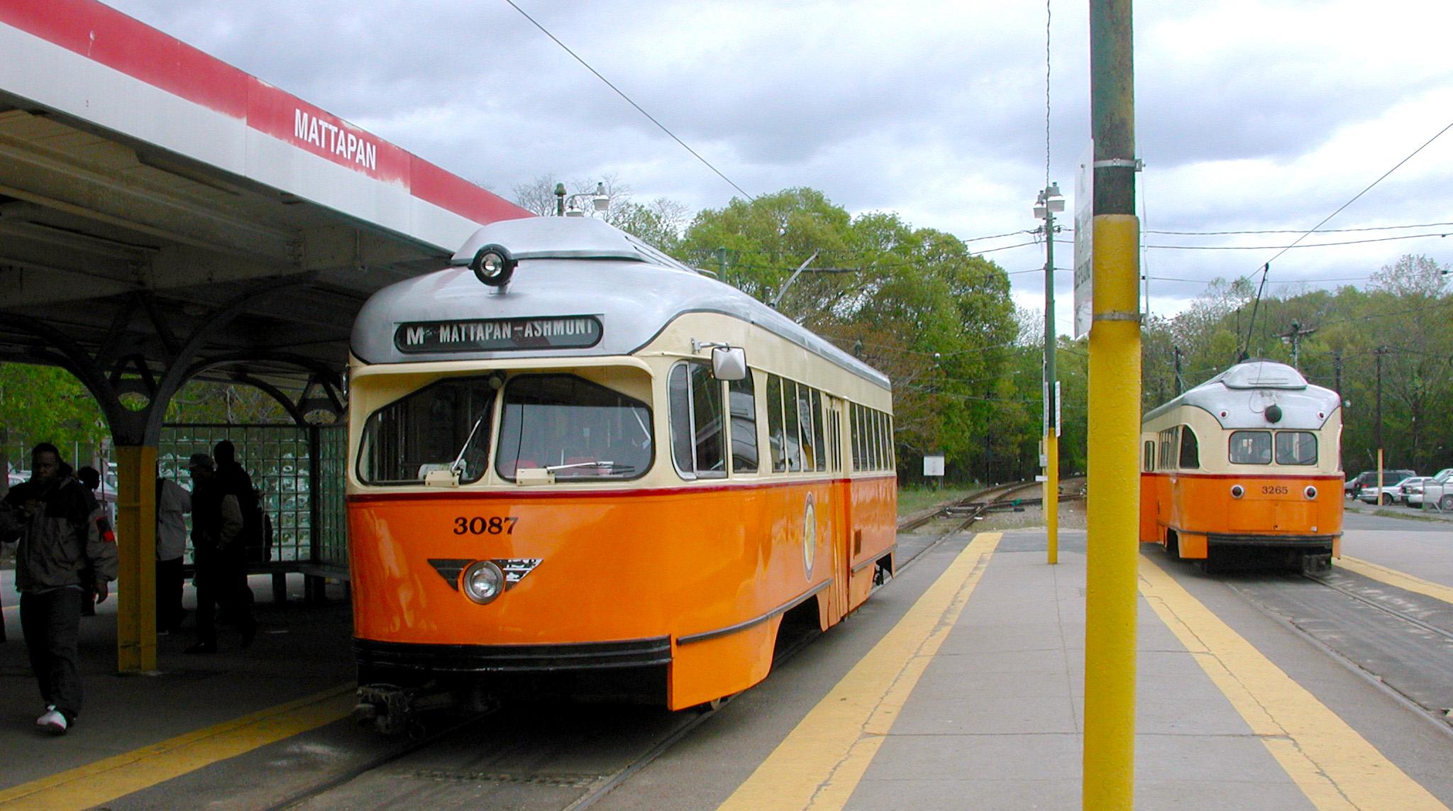 Two trolley cars at the Mattapan stop on the Mattapan Line