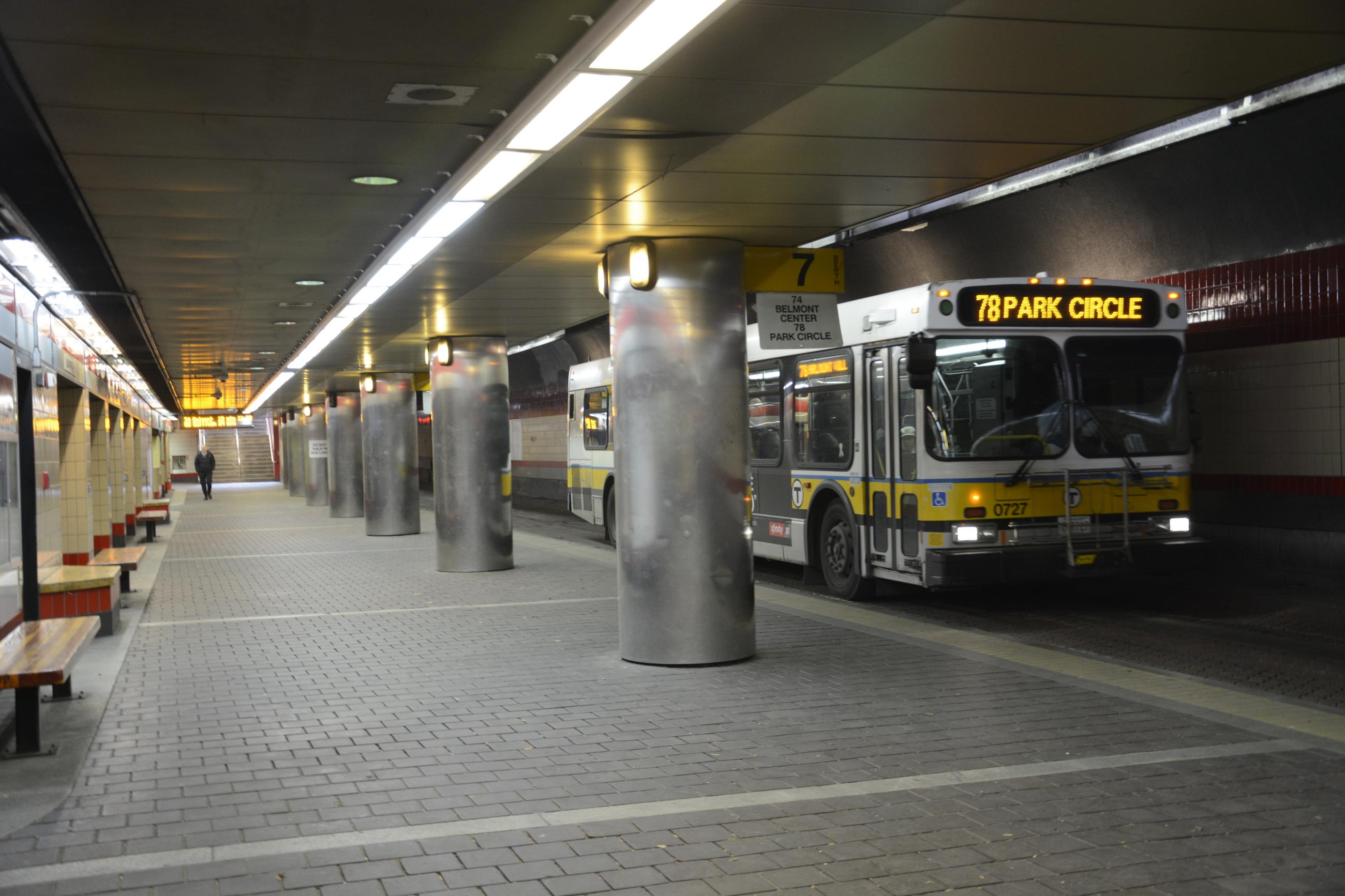 Route 78 bus pulls into the upper busway at Harvard Station
