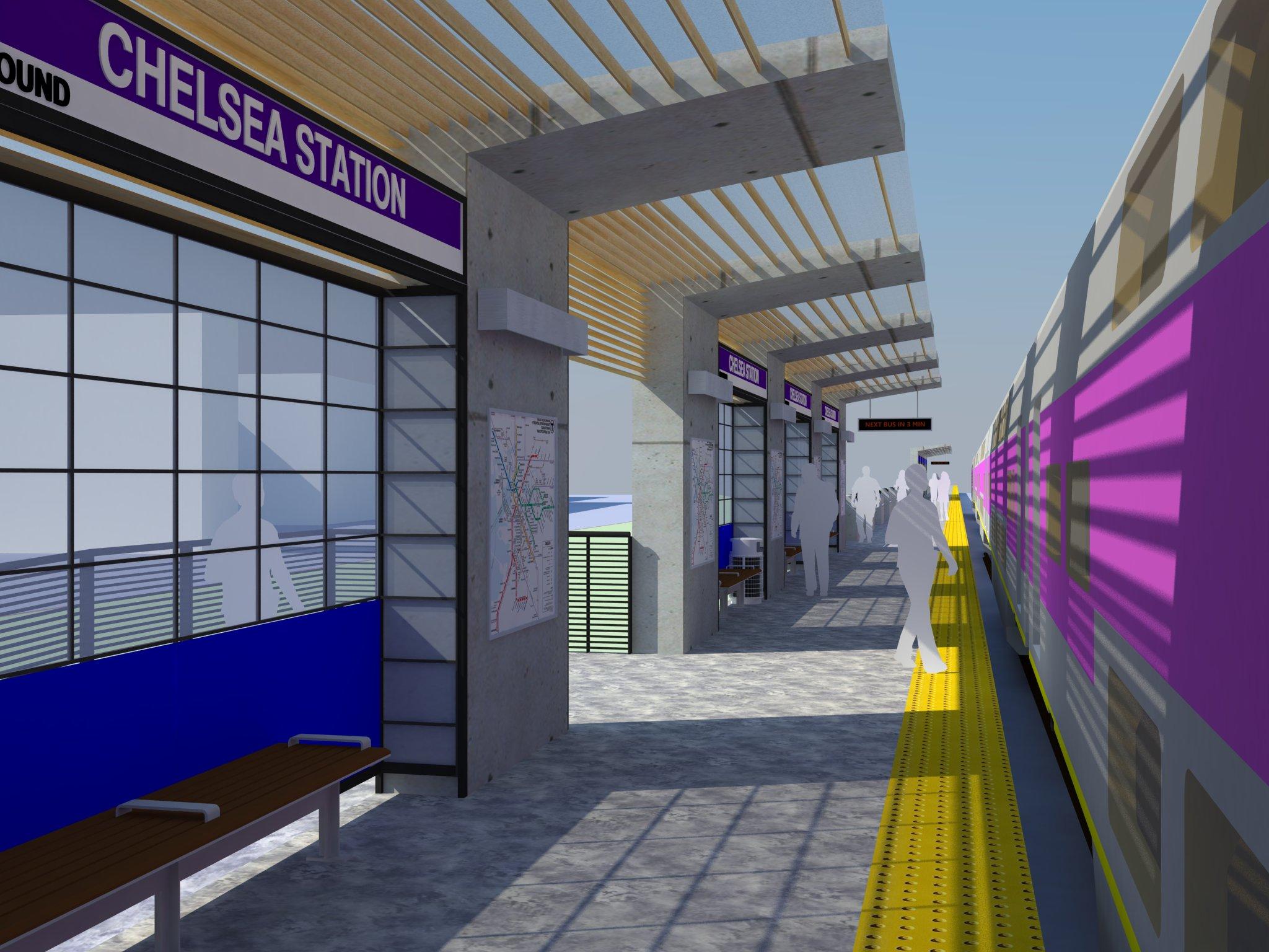 A rendering of the new Chelsea Commuter Rail Station, with a closeup view of the platform, canopy, and train pulled up.