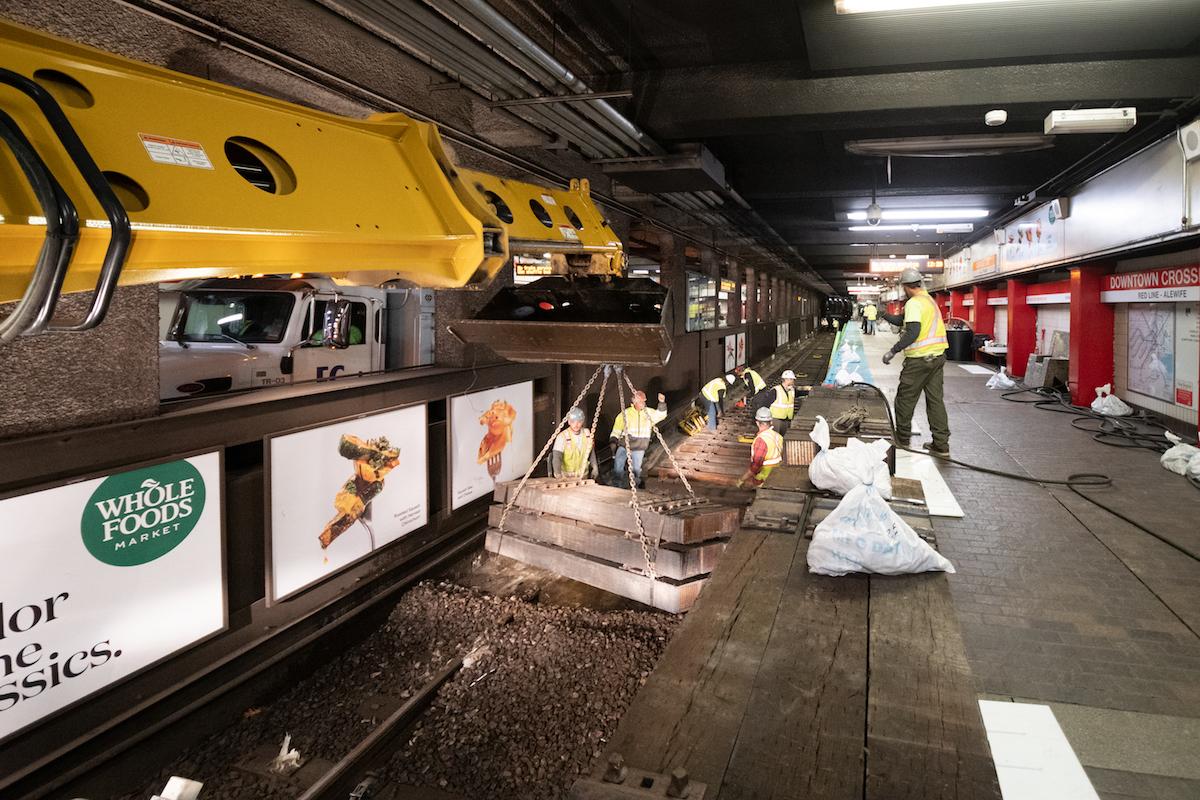 A crew works on track replacement at Downtown Crossing during the November 15 – 17, 2019, weekend shutdown.