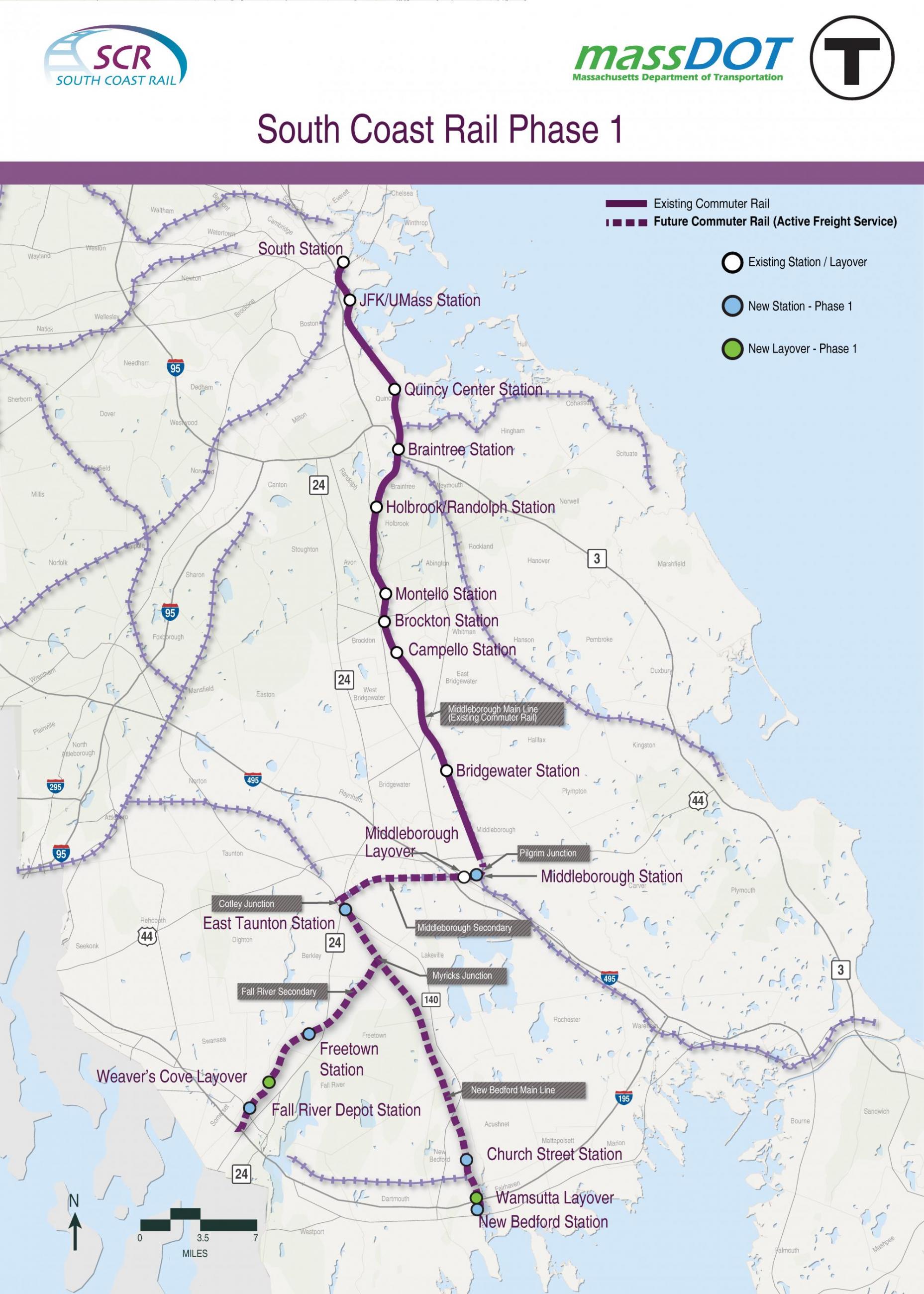 A map of the South Coast Rail Phase 1 corridor showing the Fall River Secondary, New Bedford, and Middleborough Secondary lines and stations