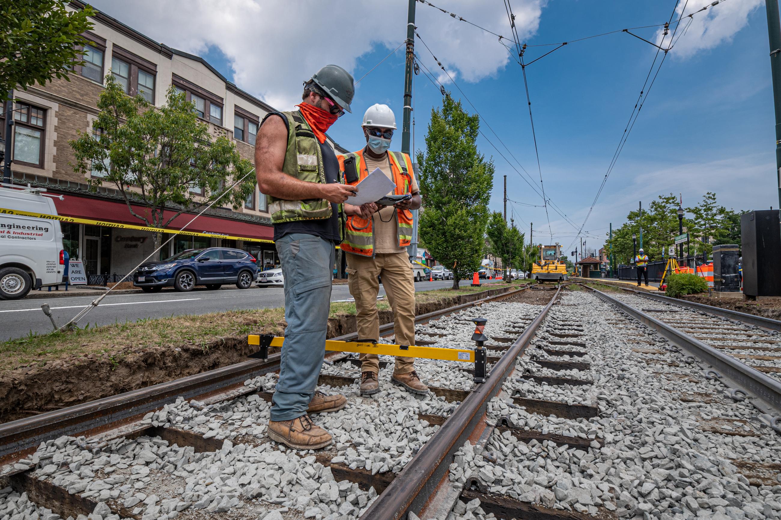 Crew members preparing for track work on the Green Line C Branch
