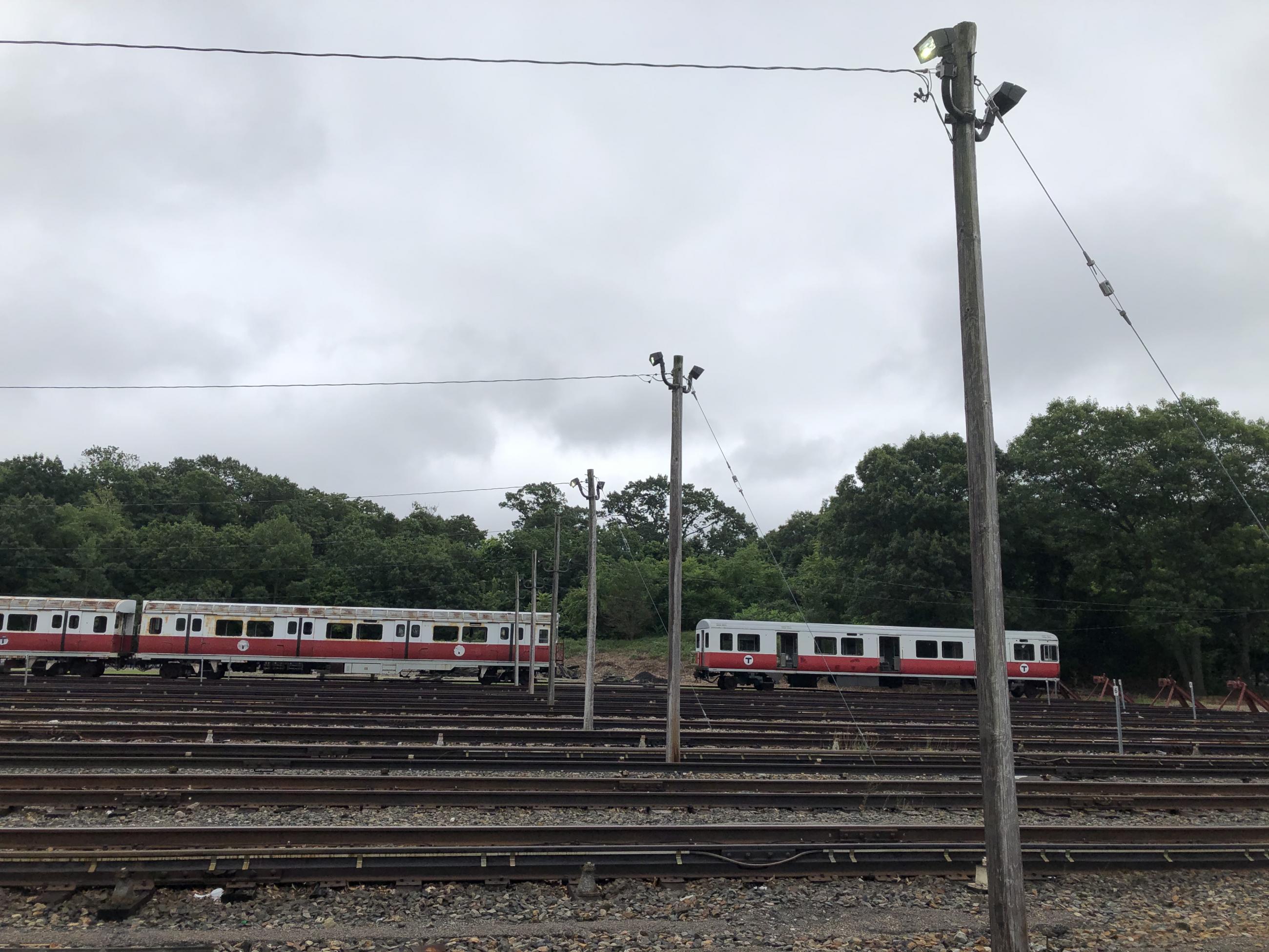 Red Line vehicles are stored on storage tracks at Codman Yard