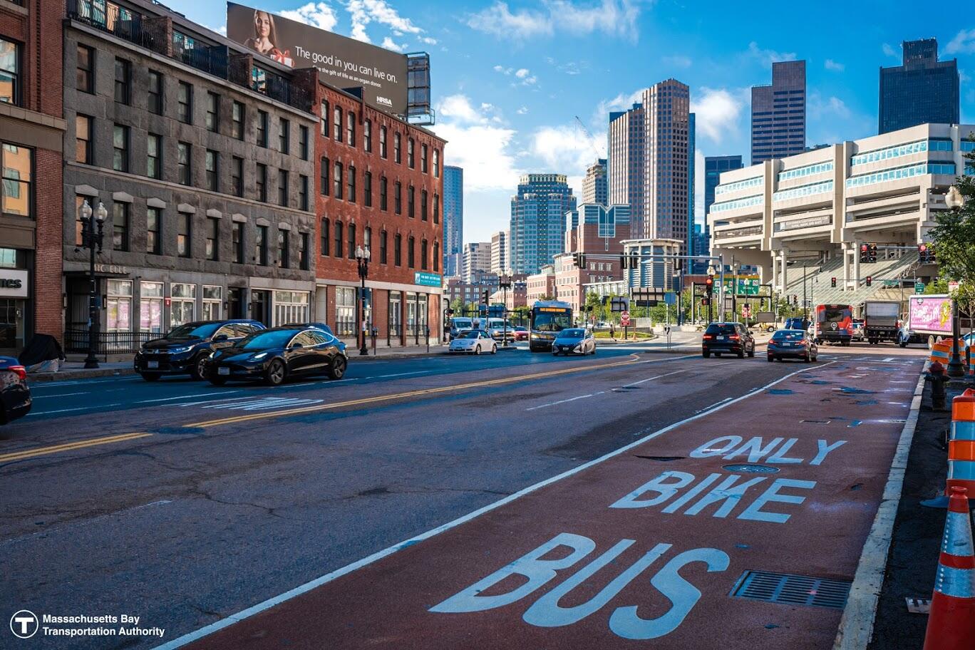 View of the shared bus/bike lane in Government Center Boston.