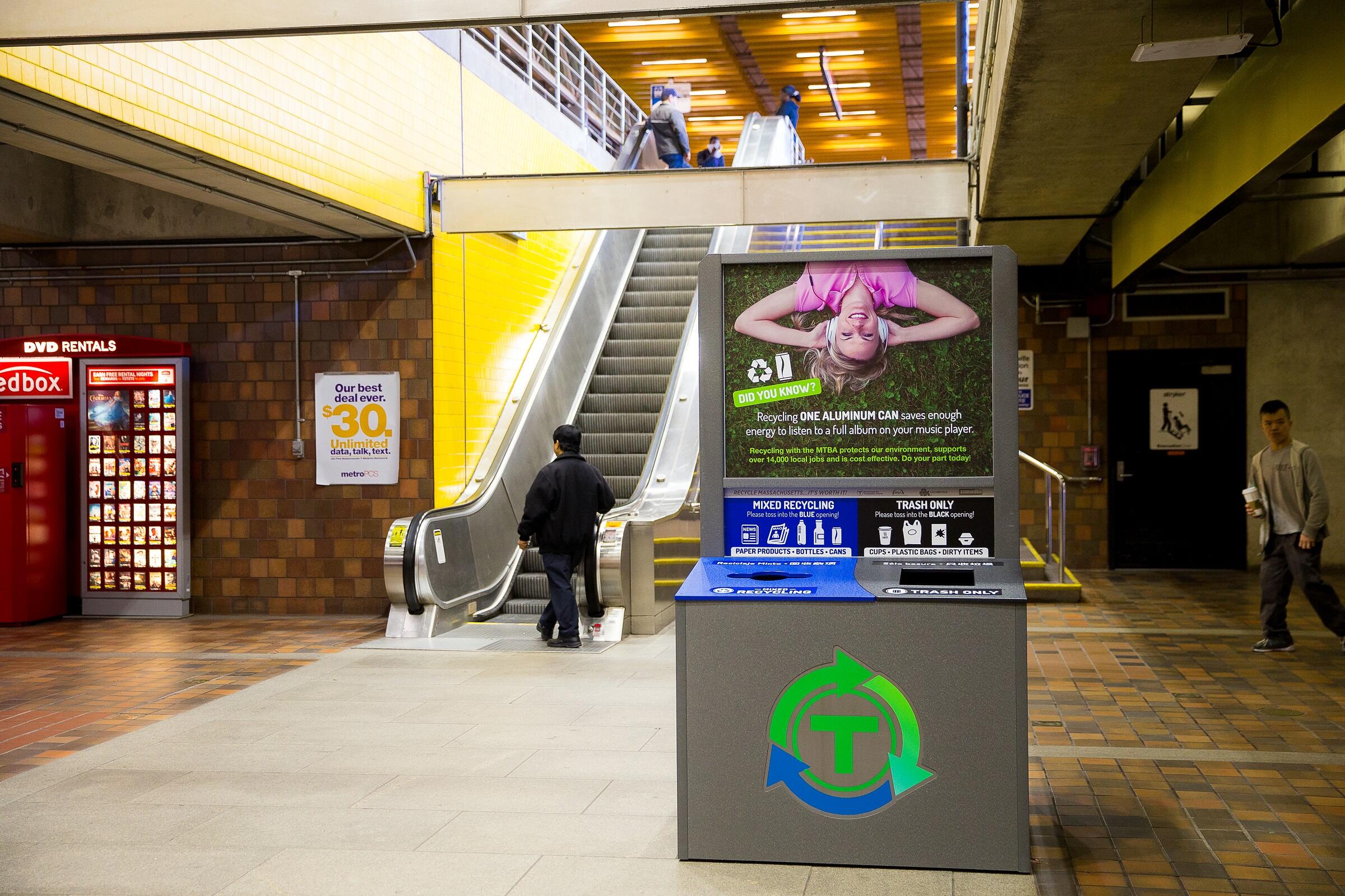 Recycling area in Alewife Station on the Red Line.