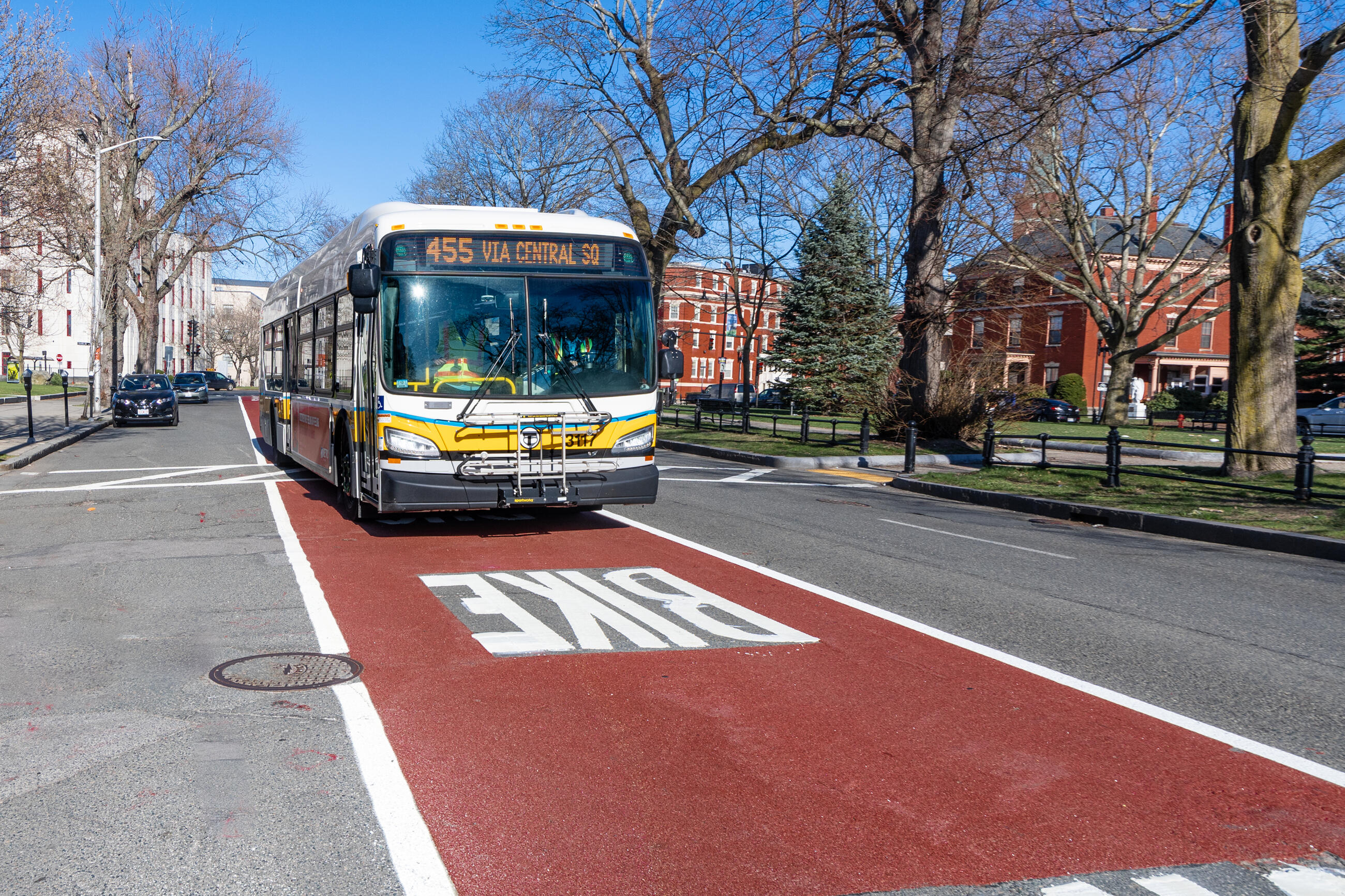 Route 455 bus using the new shared bus-bike lane on North Common St near the Lynn Public Library on April 8, 2021.