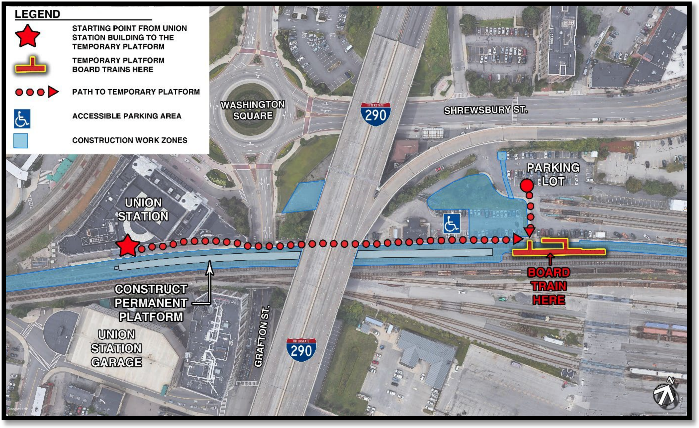 Overhead map of the Worcester Union Station area with the temporary pedestrian path from the front of the station to the temporary boarding area marked in red