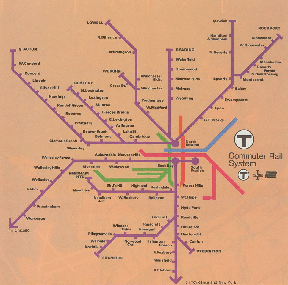 The Commuter Line appears in purple on a paper-bag-brown background in this 1976 map. All stations depicted are labeled. The Worcester Line's last stop is Worcester, but it has an arrow continuing to the southwest labeled 