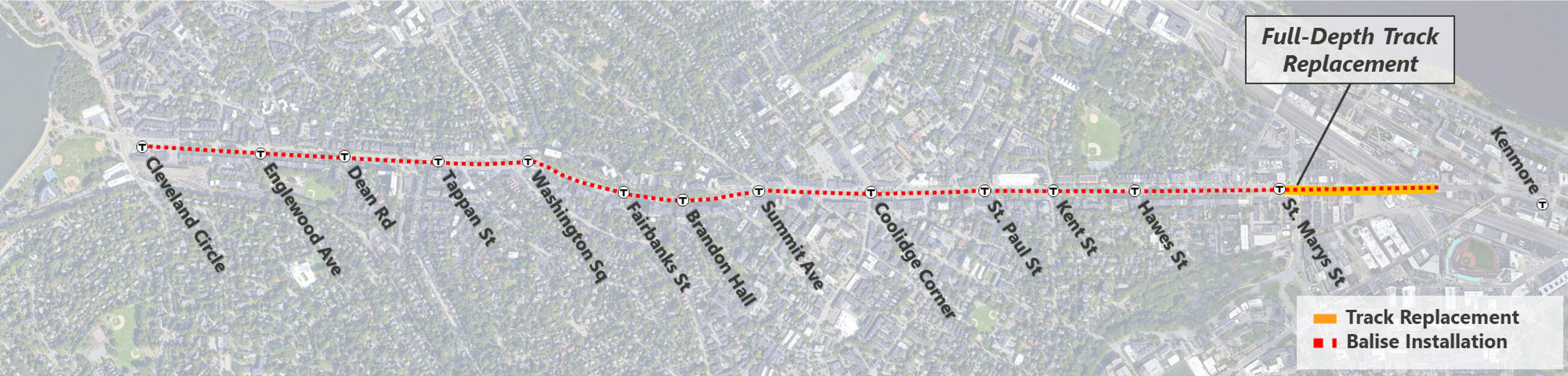 A line map showing that there will be Balise Installation from Cleveland Circle to Beacon Junction (between St Mary's Street and Kenmore) and full-depth track replacement between St Mary's Street and Beacon Junction