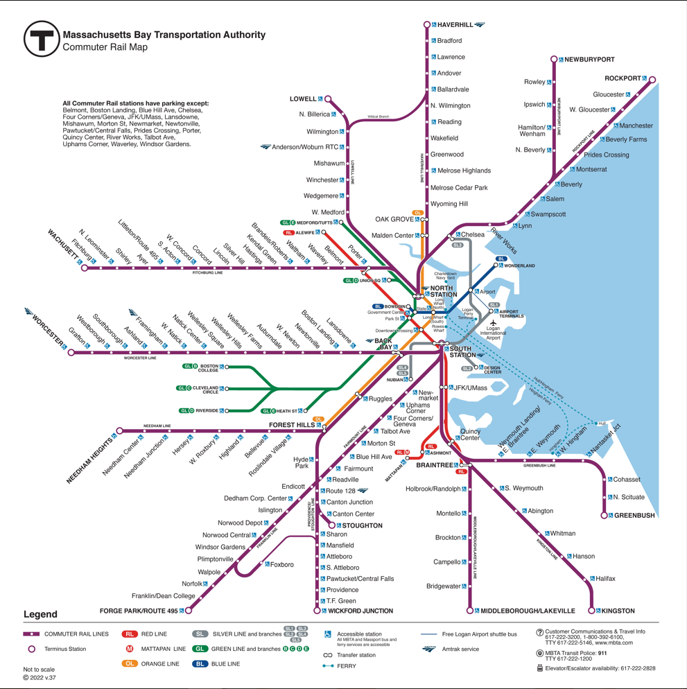 Map of all Commuter Rail lines, with subway lines also featured less prominently.