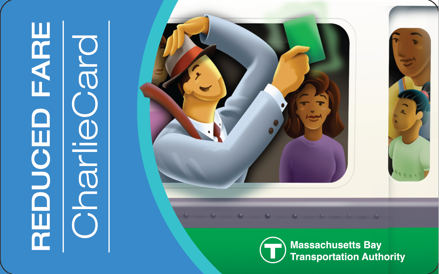 Example of front of updated Senior CharlieCard without personalized ID with MBTA Charlie logo and reads Reduced Fare CharlieCard