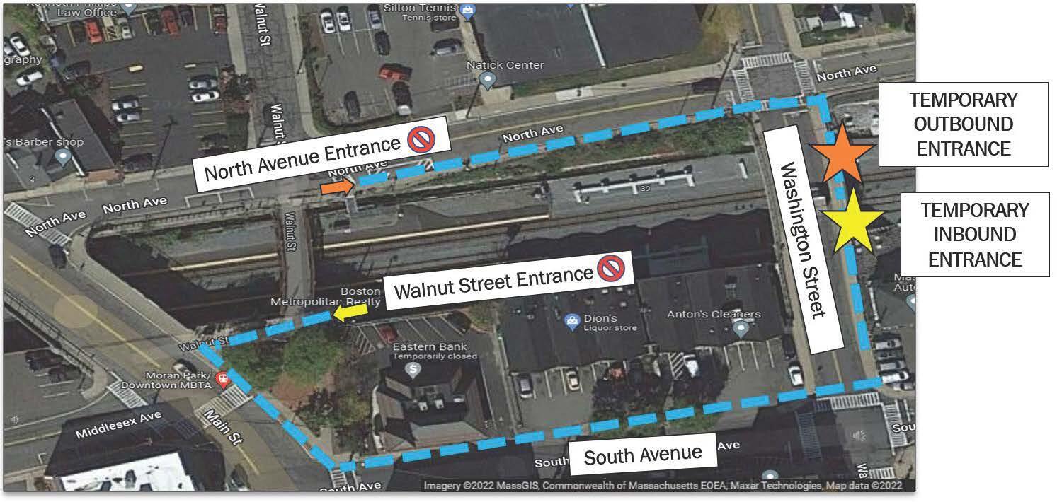 An aerial photo of Natick Center Station showing the outbound and inbound entrances moving to Washington Street.