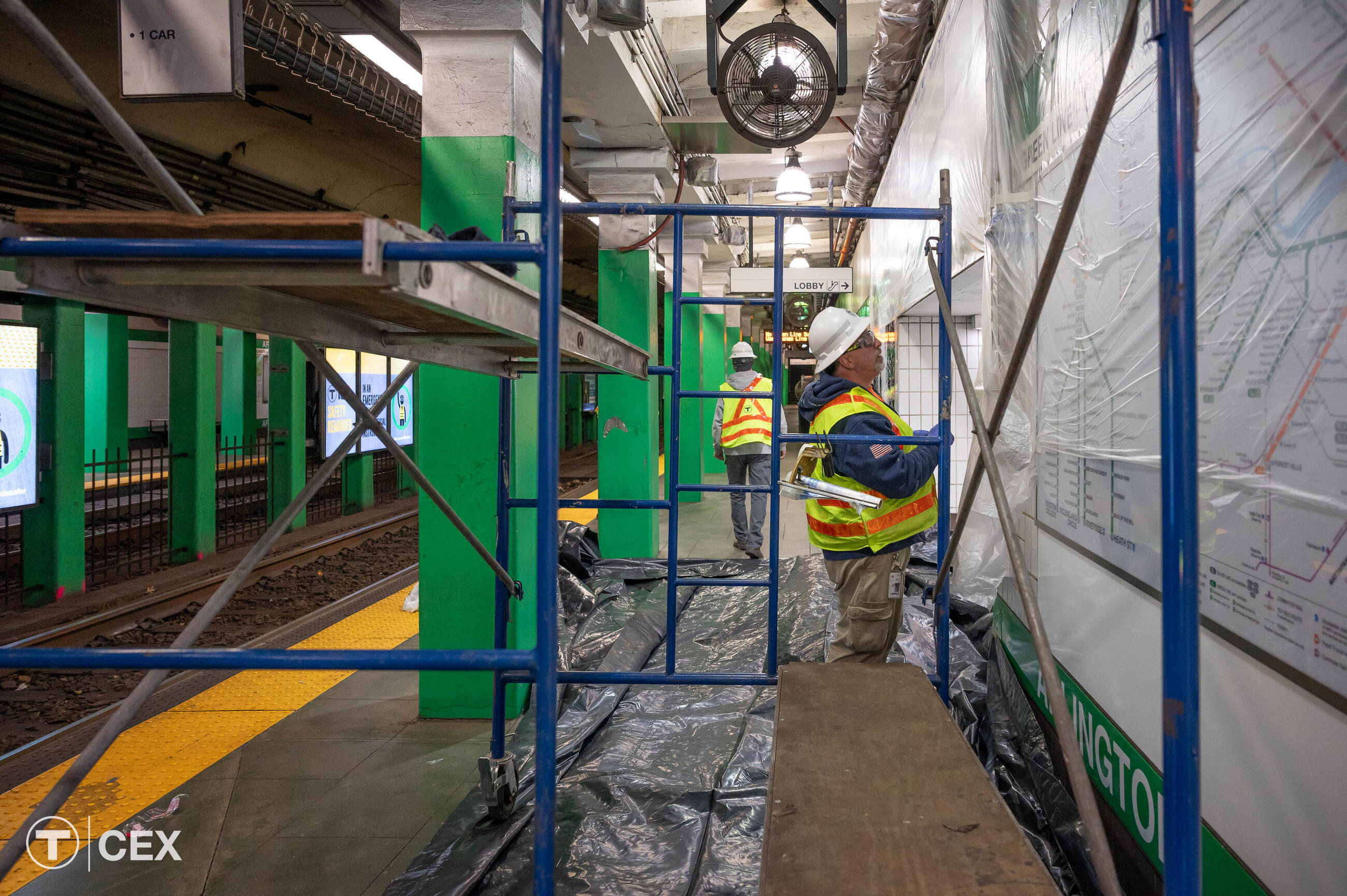Crews performed a variety of in-station work during the recent shutdown in Green Line service, including at Arlington station.