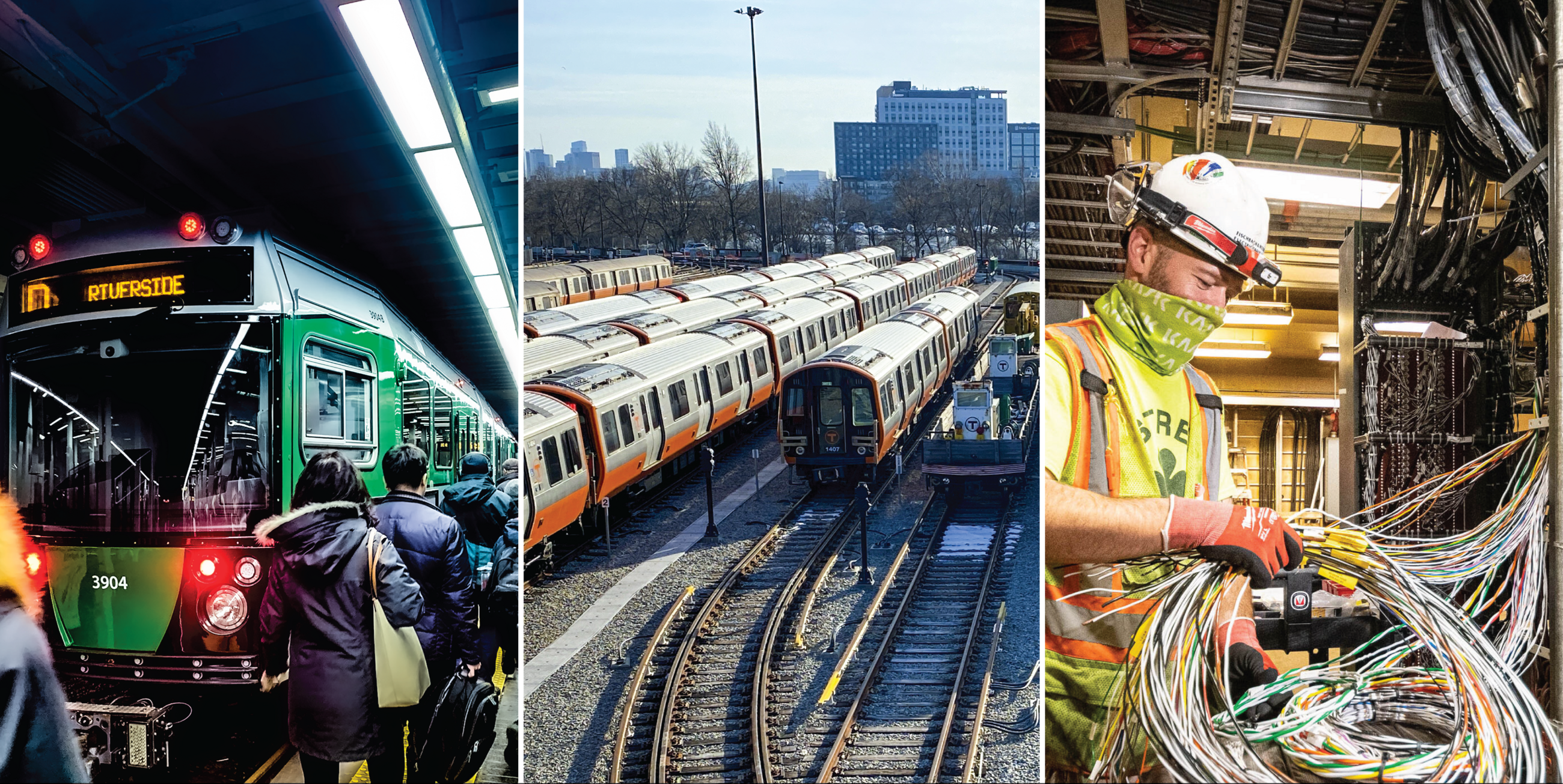 three photos side by side: green line train with riverside headway sign, orange line trains in yard, and crew member in reflective vest and hard hat holding bundle of wires