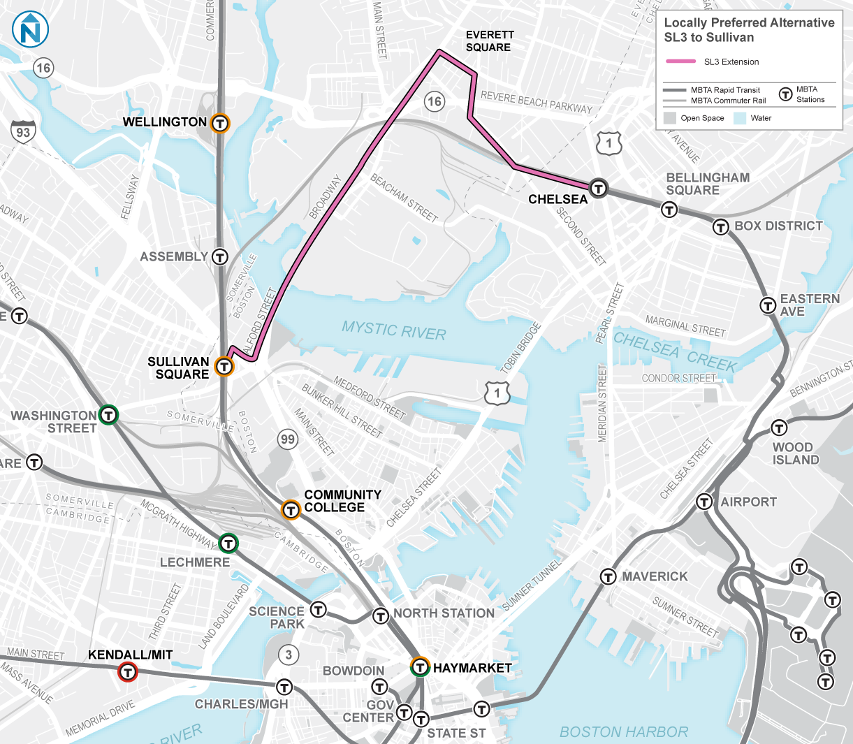 Map showing proposed SL3 extension from Chelsea, through Everett, and ending in Sullivan Square, Boston's Charlestown neighborhood