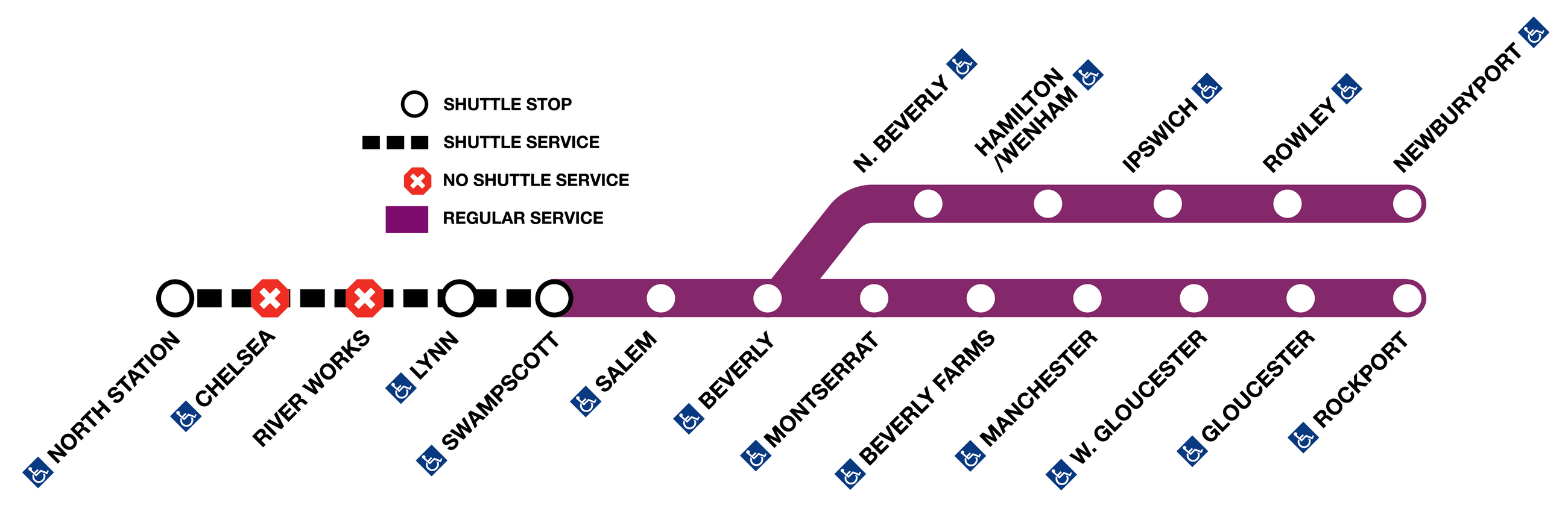 Shuttle service graphic for the Newburyport/Rockport North Station to Swampscott diversion