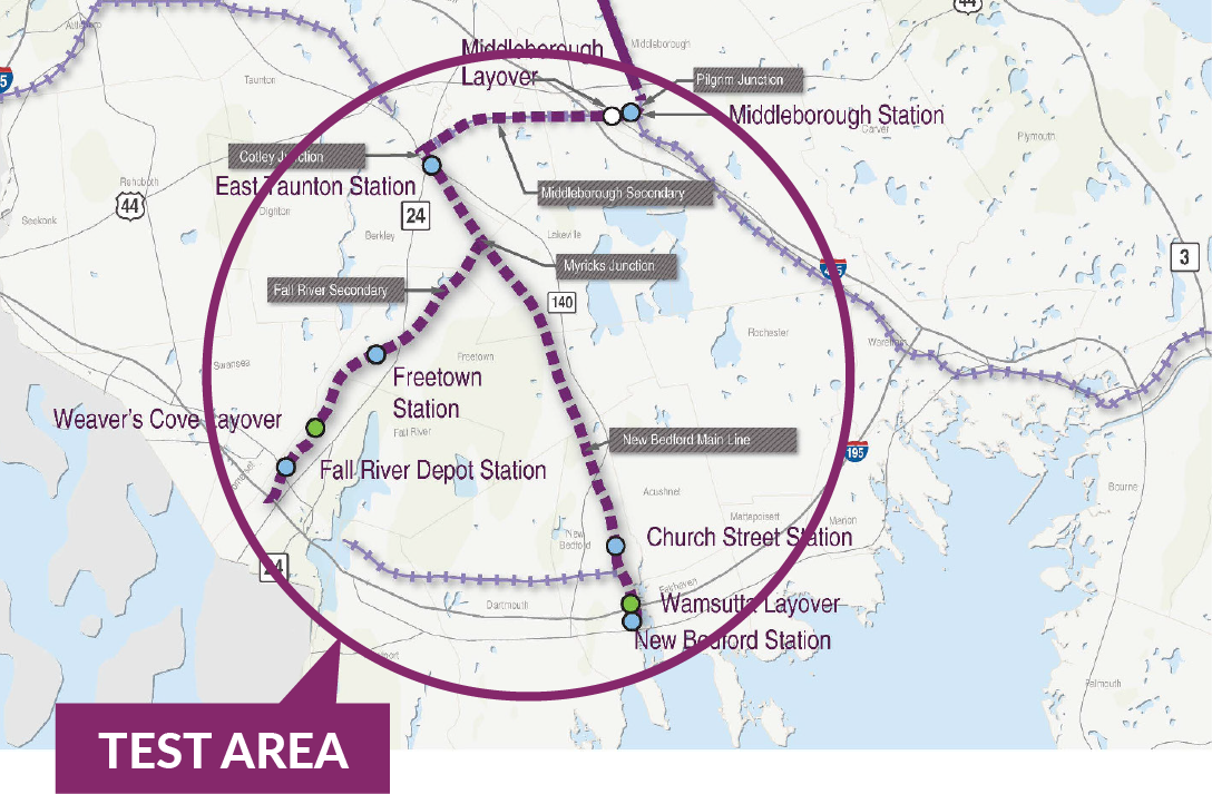 a map of the test train area from Fall River to Middleborough to New Bedford