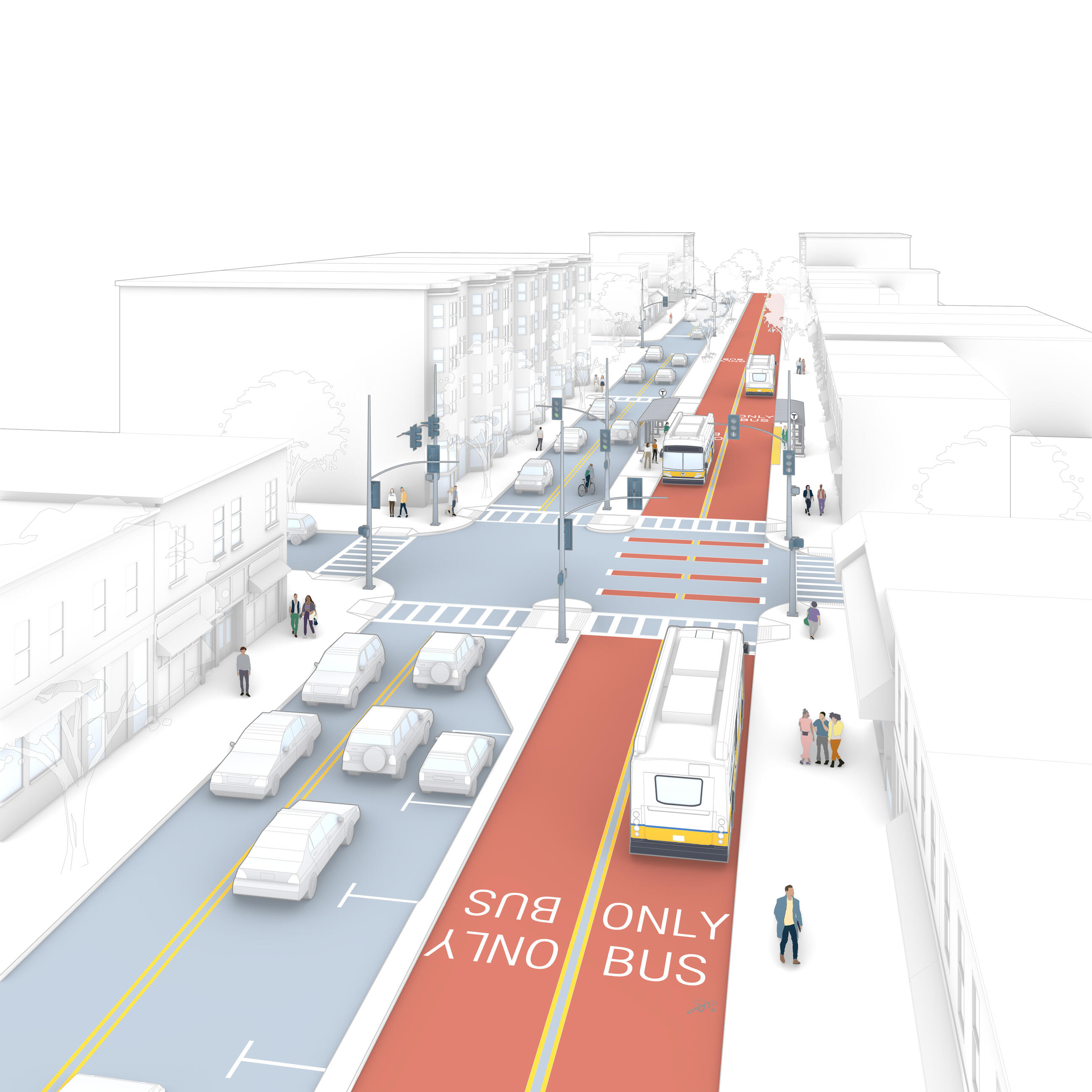 Rendering of Everett hybrid center-running bus lane