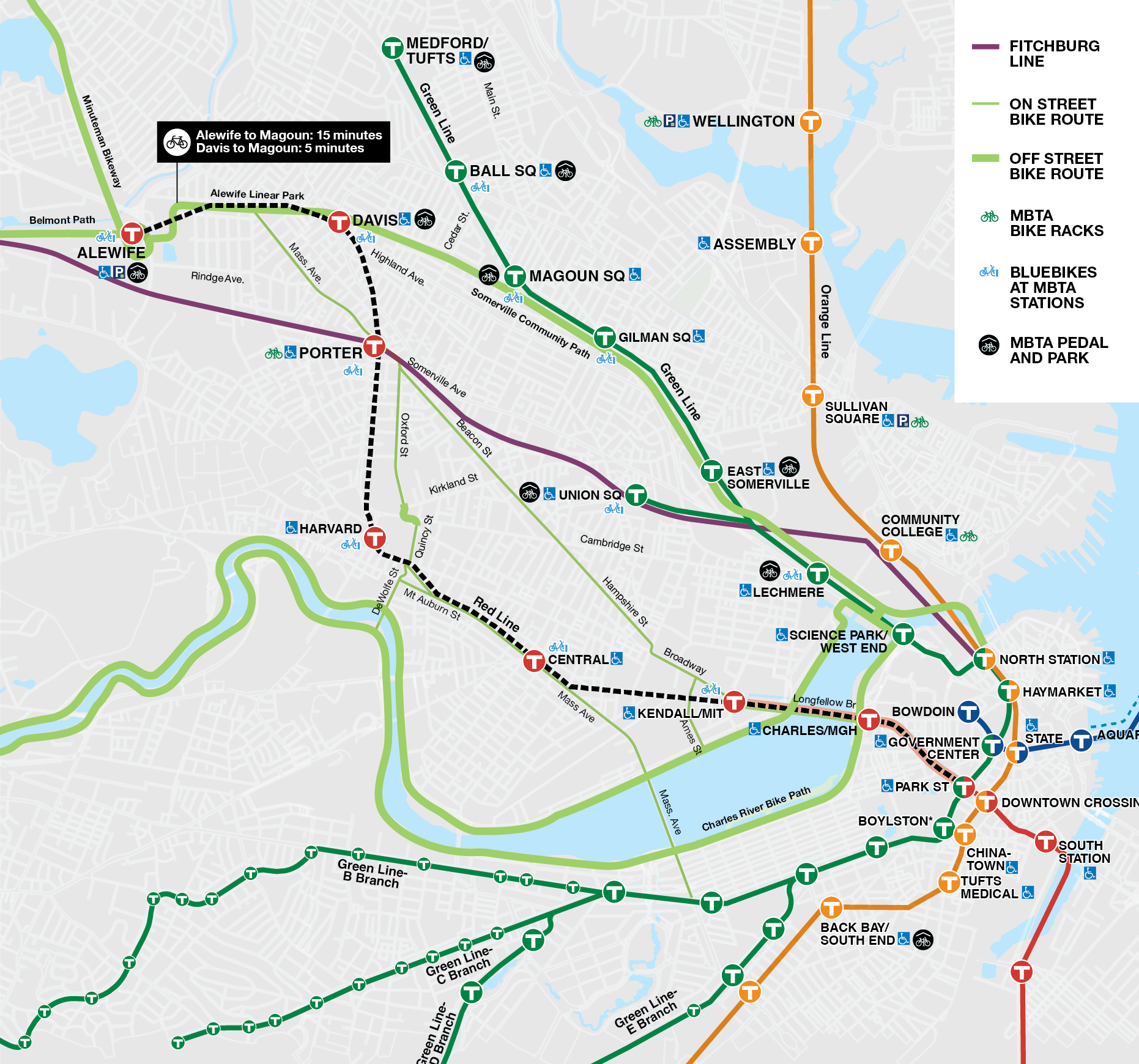Diagram showing bike and Commuter Rail travel options during Red Line closure