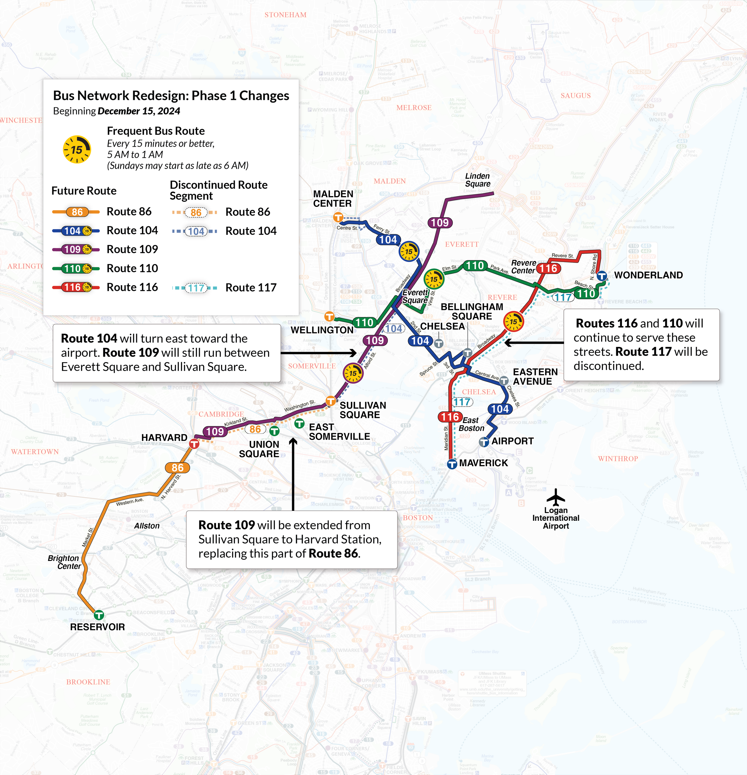 map of bus service routes for Phase 1 of network redesign