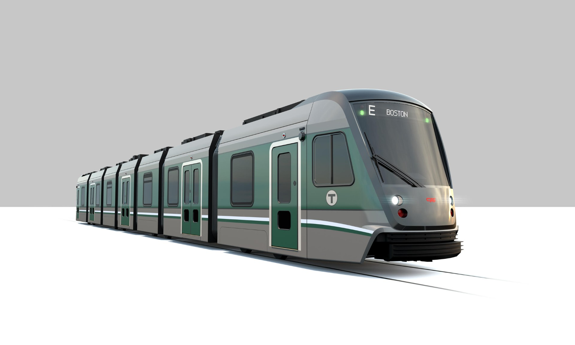 Digital rendering of the exterior of a new Type 10 vehicle, which will eventually run on the MBTA’s Green Line. 