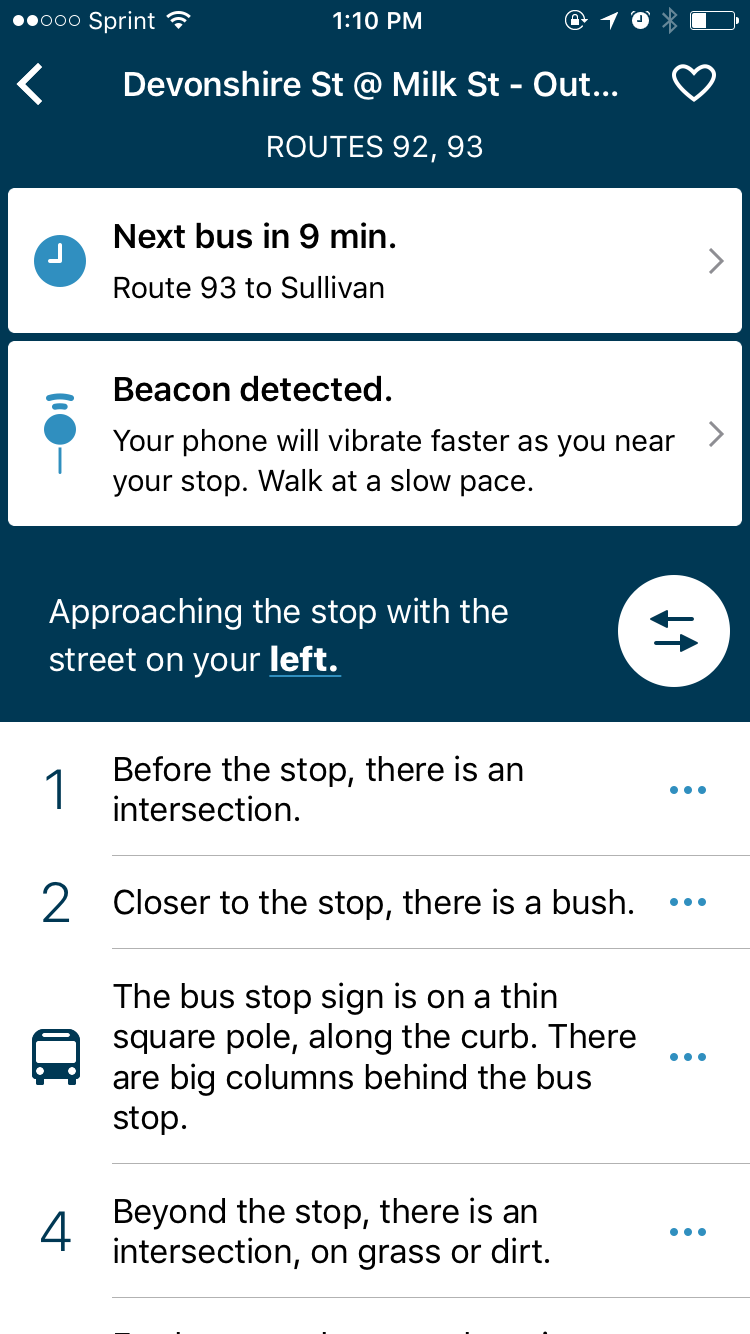 Bus stop details in the BlindWays app
