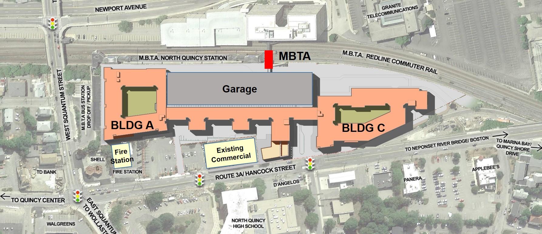 North Quincy construction site map for new garage and buildings