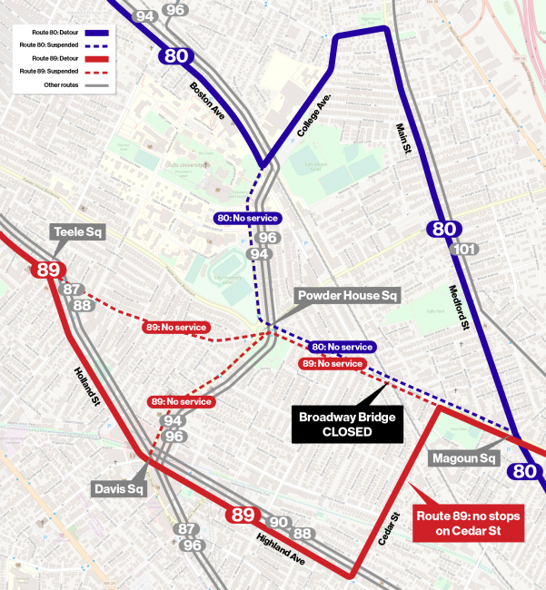 Bus routes 89 and 90 detour map