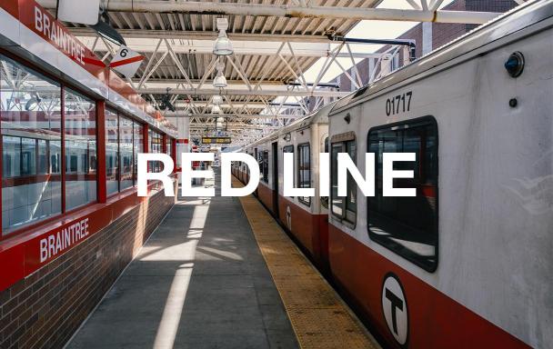 Red Line train at Braintree Station platform, as sunlight streams in. Text overlaid reads "Red Line."